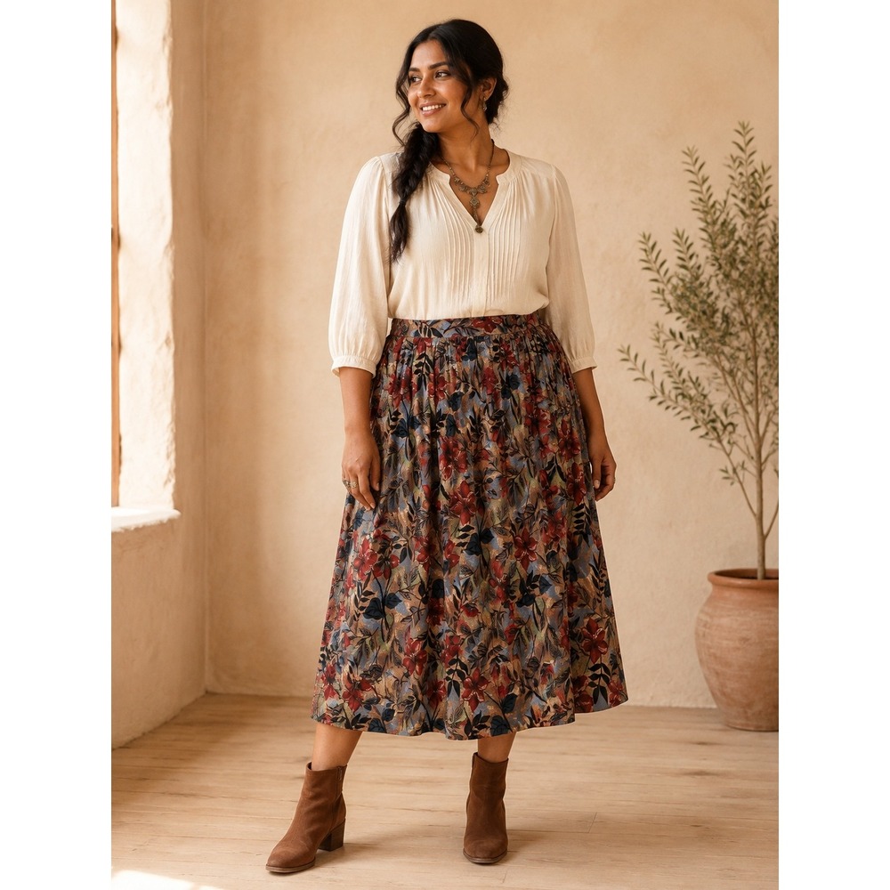 Boho Western Earthy Country Y2K 90s Dark Red Blue Floral Pockets XL Maxi Skirt